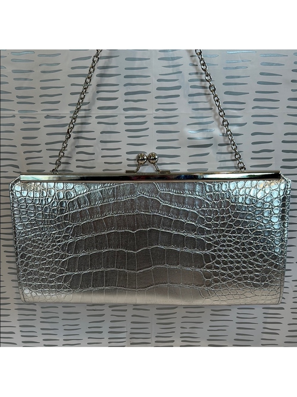 Jessica McClintock Metallic Silver Croc-Embossed Clutch